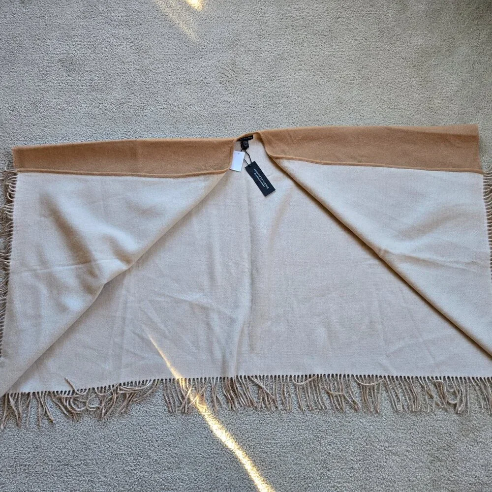 NWT Saks Reversible Merino Wool Wrap Tan & Ivory